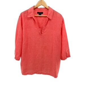 Tahari Coral 100% Linen Tunic Blouse V-Neck 3/4 Sleeve Plus Size 1X Button Sides